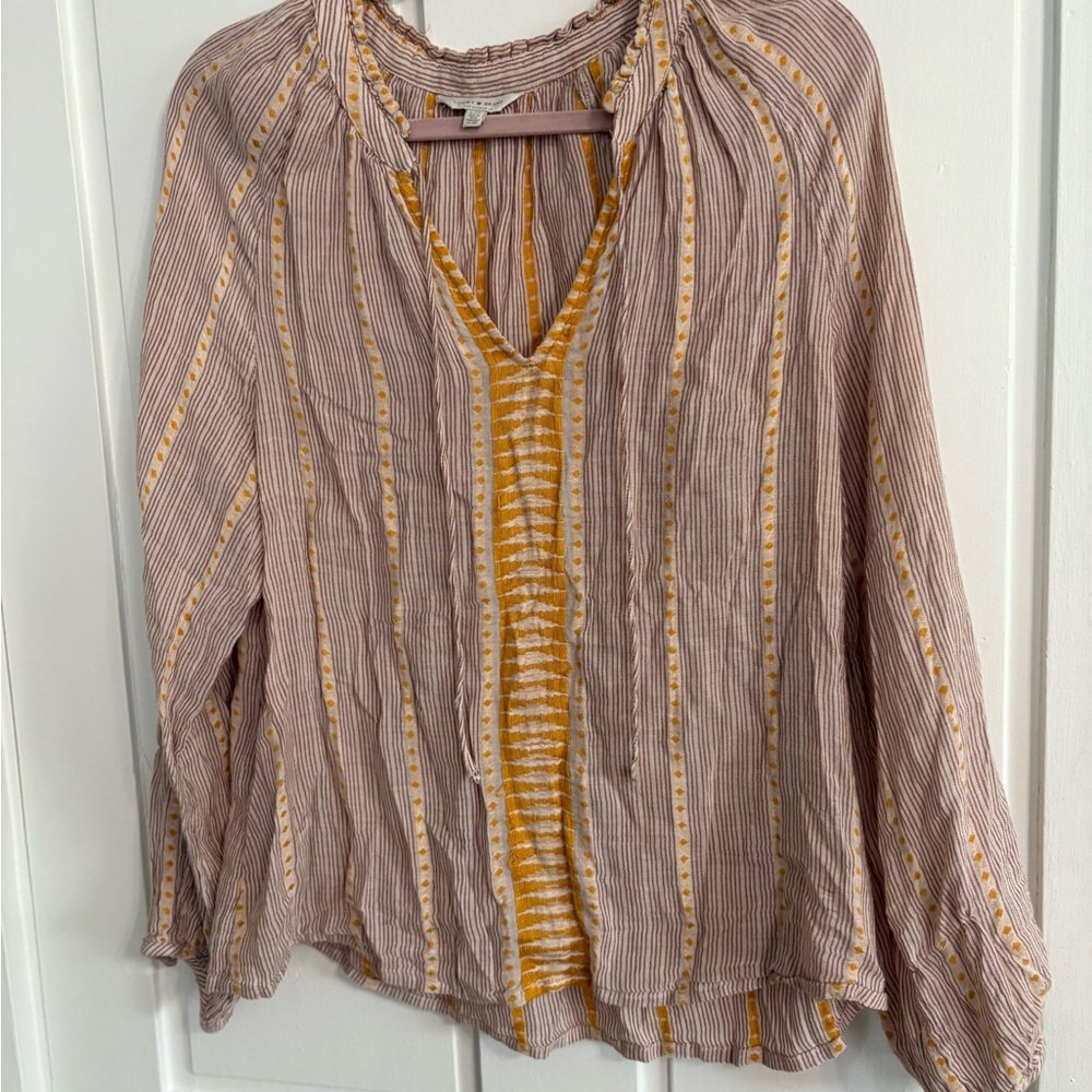 ⭐️$4 when bundled- Lucky Brand Striped V-Neck Blouse - Yellow and Brown